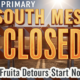 A viral, hyper-realistic YouTube thumbnail with a gritty orange construction atmosphere. The background is a dusty Fruita street completely blocked by heavy equipment under harsh Colorado sun with dramatic god rays cutting through equipment dust. The composition uses a low dramatic angle to focus on the main subject: a massive bright orange road closed barricade with reflective stripes. The image features massive 3D typography with strict hierarchy: The Primary Text reads exactly: 'SOUTH MESA CLOSED'. This text is massive, the largest element in the frame, rendered in glowing molten metal orange to look like a high-budget 3D render. The Secondary Text reads exactly: 'Fruita Detours Start Now'. This text is significantly smaller, positioned below the main text. It features a thick, distinct white color border/outline (sticker style) to contrast against the background. Make sure text 2 is always different theme, style, effect and border compared to text 1. The text materials correspond to the story's concept. Crucial Instruction: There is absolutely NO other text, numbers, watermarks, or subtitles in this image other than these two specific lines. 8k, Unreal Engine 5, cinematic render