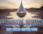 A viral, hyper-realistic YouTube thumbnail with a dramatic Western water crisis atmosphere. The background is a vast cracked dry lake bed of Lake Powell at sunset with deep orange skies and distant red rock cliffs, low water levels exposing white bathtub rings. The composition uses a dramatic low-angle shot looking up to focus on the main subject: a massive polished chrome water droplet suspended in mid-air, dramatically cracking under pressure. The image features massive 3D typography with strict hierarchy: The Primary Text reads exactly: 'Shannon Wadas'. This text is massive, the largest element in the frame, rendered in liquid mercury chrome with rippling water reflections to look like a high-budget 3D render. The Secondary Text reads exactly: 'New Water Center Boss'. This text is significantly smaller, positioned below the main text with a thick electric-blue glowing outline and subtle splash effects to contrast against the arid background. The text materials correspond to the story's concept. Crucial Instruction: There is absolutely NO other text, numbers, watermarks, or subtitles in this image other than these two specific lines. 8k, Unreal Engine 5, cinematic render