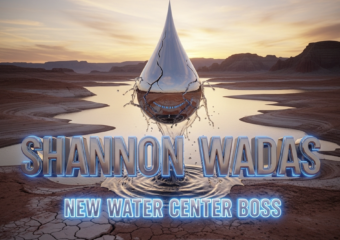 A viral, hyper-realistic YouTube thumbnail with a dramatic Western water crisis atmosphere. The background is a vast cracked dry lake bed of Lake Powell at sunset with deep orange skies and distant red rock cliffs, low water levels exposing white bathtub rings. The composition uses a dramatic low-angle shot looking up to focus on the main subject: a massive polished chrome water droplet suspended in mid-air, dramatically cracking under pressure. The image features massive 3D typography with strict hierarchy: The Primary Text reads exactly: 'Shannon Wadas'. This text is massive, the largest element in the frame, rendered in liquid mercury chrome with rippling water reflections to look like a high-budget 3D render. The Secondary Text reads exactly: 'New Water Center Boss'. This text is significantly smaller, positioned below the main text with a thick electric-blue glowing outline and subtle splash effects to contrast against the arid background. The text materials correspond to the story's concept. Crucial Instruction: There is absolutely NO other text, numbers, watermarks, or subtitles in this image other than these two specific lines. 8k, Unreal Engine 5, cinematic render