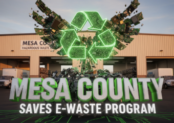 A viral, hyper-realistic YouTube thumbnail with a bold environmental tech atmosphere. The background is the Mesa County Hazardous Waste Facility exterior at golden hour with recycling trucks and stacked electronics visible through open bay doors, warm Colorado sunset lighting. The composition uses a dramatic low-angle shot to focus on the main subject: a massive glowing green recycling symbol made of circuit boards and crushed electronics rising like a phoenix. The image features massive 3D typography with strict hierarchy: The Primary Text reads exactly: 'MESA COUNTY'. This text is massive, the largest element in the frame, rendered in brushed aluminum chrome with electric green edge lighting to look like a high-budget 3D render. The Secondary Text reads exactly: 'SAVES E-WASTE PROGRAM'. This text is significantly smaller, positioned below the main text with thick white glow outline and subtle circuit trace effects to contrast against the background. Make sure text 2 is always different theme, style, effect and border compared to text 1. The text materials correspond to the story's concept. Crucial Instruction: There is absolutely NO other text, numbers, watermarks, or subtitles in this image other than these two specific lines. 8k, Unreal Engine 5, cinematic render