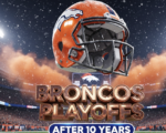 A viral, hyper-realistic YouTube thumbnail with a kinetic, electric sports atmosphere. The background is a packed Empower Field at Mile High at night under stadium lights with snow lightly falling and orange smoke rising from the stands. The composition uses a dramatic low angle to focus on the main subject: a massive, gleaming orange Denver Broncos helmet floating above the field with frost forming on it. The image features massive 3D typography with strict hierarchy: The Primary Text reads exactly: 'BRONCOS PLAYOFFS'. This text is massive, the largest element in the frame, rendered in molten bronze chrome with glowing edges to look like a high-budget 3D render. The Secondary Text reads exactly: 'AFTER 10 YEARS'. This text is significantly smaller, positioned below the main text with a thick white outline and blue inner glow sticker style to contrast against the night sky. Make sure text 2 is always different theme, style, effect and border compared to text 1. The text materials correspond to the story's concept. Crucial Instruction: There is absolutely NO other text, numbers, watermarks, or subtitles in this image other than these two specific lines. 8k, Unreal Engine 5, cinematic render