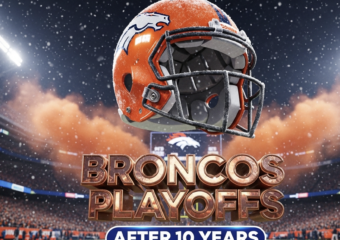 A viral, hyper-realistic YouTube thumbnail with a kinetic, electric sports atmosphere. The background is a packed Empower Field at Mile High at night under stadium lights with snow lightly falling and orange smoke rising from the stands. The composition uses a dramatic low angle to focus on the main subject: a massive, gleaming orange Denver Broncos helmet floating above the field with frost forming on it. The image features massive 3D typography with strict hierarchy: The Primary Text reads exactly: 'BRONCOS PLAYOFFS'. This text is massive, the largest element in the frame, rendered in molten bronze chrome with glowing edges to look like a high-budget 3D render. The Secondary Text reads exactly: 'AFTER 10 YEARS'. This text is significantly smaller, positioned below the main text with a thick white outline and blue inner glow sticker style to contrast against the night sky. Make sure text 2 is always different theme, style, effect and border compared to text 1. The text materials correspond to the story's concept. Crucial Instruction: There is absolutely NO other text, numbers, watermarks, or subtitles in this image other than these two specific lines. 8k, Unreal Engine 5, cinematic render