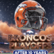 A viral, hyper-realistic YouTube thumbnail with a kinetic, electric sports atmosphere. The background is a packed Empower Field at Mile High at night under stadium lights with snow lightly falling and orange smoke rising from the stands. The composition uses a dramatic low angle to focus on the main subject: a massive, gleaming orange Denver Broncos helmet floating above the field with frost forming on it. The image features massive 3D typography with strict hierarchy: The Primary Text reads exactly: 'BRONCOS PLAYOFFS'. This text is massive, the largest element in the frame, rendered in molten bronze chrome with glowing edges to look like a high-budget 3D render. The Secondary Text reads exactly: 'AFTER 10 YEARS'. This text is significantly smaller, positioned below the main text with a thick white outline and blue inner glow sticker style to contrast against the night sky. Make sure text 2 is always different theme, style, effect and border compared to text 1. The text materials correspond to the story's concept. Crucial Instruction: There is absolutely NO other text, numbers, watermarks, or subtitles in this image other than these two specific lines. 8k, Unreal Engine 5, cinematic render