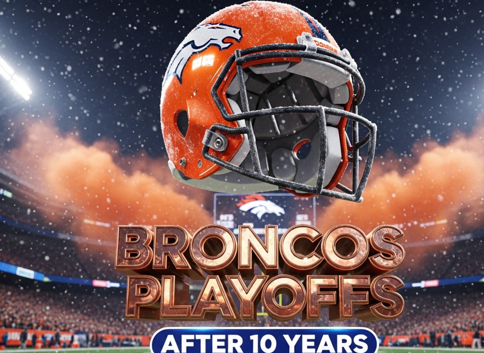 A viral, hyper-realistic YouTube thumbnail with a kinetic, electric sports atmosphere. The background is a packed Empower Field at Mile High at night under stadium lights with snow lightly falling and orange smoke rising from the stands. The composition uses a dramatic low angle to focus on the main subject: a massive, gleaming orange Denver Broncos helmet floating above the field with frost forming on it. The image features massive 3D typography with strict hierarchy: The Primary Text reads exactly: 'BRONCOS PLAYOFFS'. This text is massive, the largest element in the frame, rendered in molten bronze chrome with glowing edges to look like a high-budget 3D render. The Secondary Text reads exactly: 'AFTER 10 YEARS'. This text is significantly smaller, positioned below the main text with a thick white outline and blue inner glow sticker style to contrast against the night sky. Make sure text 2 is always different theme, style, effect and border compared to text 1. The text materials correspond to the story's concept. Crucial Instruction: There is absolutely NO other text, numbers, watermarks, or subtitles in this image other than these two specific lines. 8k, Unreal Engine 5, cinematic render