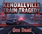 A viral, hyper-realistic YouTube thumbnail with a somber, tragic atmosphere. The background is a snow-dusted small-town railroad crossing in Kendallville, Indiana at dusk with red flashing signals and lowered gates. The composition uses a dramatic low-angle shot looking down the tracks toward a twisted, mangled silver car pushed off to the side, emergency lights flashing in the distance. The image features massive 3D typography with strict hierarchy: The Primary Text reads exactly: 'KENDALLVILLE TRAIN TRAGEDY'. This text is massive, the largest element in the frame, rendered in cold brushed steel with glowing red edges to look like a high-budget 3D render. The Secondary Text reads exactly: 'One Dead'. This text is significantly smaller, positioned below the main text with a thick white outline and subtle red glow border to stand out sharply against the dark scene. The text materials correspond to the story's concept. Crucial Instruction: There is absolutely NO other text, numbers, watermarks, or subtitles in this image other than these two specific lines. 8k, Unreal Engine 5, cinematic render