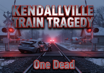 A viral, hyper-realistic YouTube thumbnail with a somber, tragic atmosphere. The background is a snow-dusted small-town railroad crossing in Kendallville, Indiana at dusk with red flashing signals and lowered gates. The composition uses a dramatic low-angle shot looking down the tracks toward a twisted, mangled silver car pushed off to the side, emergency lights flashing in the distance. The image features massive 3D typography with strict hierarchy: The Primary Text reads exactly: 'KENDALLVILLE TRAIN TRAGEDY'. This text is massive, the largest element in the frame, rendered in cold brushed steel with glowing red edges to look like a high-budget 3D render. The Secondary Text reads exactly: 'One Dead'. This text is significantly smaller, positioned below the main text with a thick white outline and subtle red glow border to stand out sharply against the dark scene. The text materials correspond to the story's concept. Crucial Instruction: There is absolutely NO other text, numbers, watermarks, or subtitles in this image other than these two specific lines. 8k, Unreal Engine 5, cinematic render