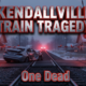 A viral, hyper-realistic YouTube thumbnail with a somber, tragic atmosphere. The background is a snow-dusted small-town railroad crossing in Kendallville, Indiana at dusk with red flashing signals and lowered gates. The composition uses a dramatic low-angle shot looking down the tracks toward a twisted, mangled silver car pushed off to the side, emergency lights flashing in the distance. The image features massive 3D typography with strict hierarchy: The Primary Text reads exactly: 'KENDALLVILLE TRAIN TRAGEDY'. This text is massive, the largest element in the frame, rendered in cold brushed steel with glowing red edges to look like a high-budget 3D render. The Secondary Text reads exactly: 'One Dead'. This text is significantly smaller, positioned below the main text with a thick white outline and subtle red glow border to stand out sharply against the dark scene. The text materials correspond to the story's concept. Crucial Instruction: There is absolutely NO other text, numbers, watermarks, or subtitles in this image other than these two specific lines. 8k, Unreal Engine 5, cinematic render