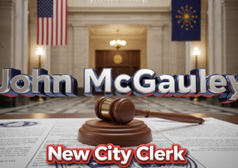 A viral, hyper-realistic YouTube thumbnail with a patriotic political atmosphere. The background is the grand marble hallway of Fort Wayne City Hall with American and Indiana flags softly waving. The composition uses a dramatic low-angle shot to focus on the main subject: a polished wooden gavel resting on official city seal documents. The image features massive 3D typography with strict hierarchy: The Primary Text reads exactly: 'John McGauley'. This text is massive, the largest element in the frame, rendered in gleaming chrome with subtle red and blue glow to look like a high-budget 3D render. The Secondary Text reads exactly: 'New City Clerk'. This text is significantly smaller, positioned below the main text. It features a thick white border with red outline sticker style to contrast against the background. Make sure text 2 is always different theme, style, effect and border compared to text 1. The text materials correspond to the story's concept. Crucial Instruction: There is absolutely NO other text, numbers, watermarks, or subtitles in this image other than these two specific lines. 8k, Unreal Engine 5, cinematic render