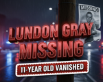A viral, hyper-realistic YouTube thumbnail with a tense, urgent crime-alert atmosphere. The background is a dark rainy Fort Wayne street at night with red and blue police light reflections glistening on wet pavement and blurred emergency vehicles in the distance. The composition uses a dramatic low-angle shot to focus on the main subject: a torn missing person poster of a child fluttering on a telephone pole in the wind. The image features massive 3D typography with strict hierarchy: The Primary Text reads exactly: 'LUNDON GRAY MISSING'. This text is massive, the largest element in the frame, rendered in glowing crimson red chrome with emergency light reflections to look like a high-budget 3D render. The Secondary Text reads exactly: '11-YEAR-OLD VANISHED'. This text is significantly smaller, positioned below the main text with a thick white border and pulsing red outline sticker style to contrast against the dark background. The text materials correspond to the story's concept. Crucial Instruction: There is absolutely NO other text, numbers, watermarks, or subtitles in this image other than these two specific lines. 8k, Unreal Engine 5, cinematic render