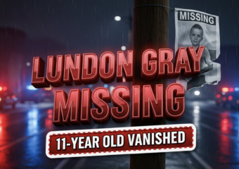 A viral, hyper-realistic YouTube thumbnail with a tense, urgent crime-alert atmosphere. The background is a dark rainy Fort Wayne street at night with red and blue police light reflections glistening on wet pavement and blurred emergency vehicles in the distance. The composition uses a dramatic low-angle shot to focus on the main subject: a torn missing person poster of a child fluttering on a telephone pole in the wind. The image features massive 3D typography with strict hierarchy: The Primary Text reads exactly: 'LUNDON GRAY MISSING'. This text is massive, the largest element in the frame, rendered in glowing crimson red chrome with emergency light reflections to look like a high-budget 3D render. The Secondary Text reads exactly: '11-YEAR-OLD VANISHED'. This text is significantly smaller, positioned below the main text with a thick white border and pulsing red outline sticker style to contrast against the dark background. The text materials correspond to the story's concept. Crucial Instruction: There is absolutely NO other text, numbers, watermarks, or subtitles in this image other than these two specific lines. 8k, Unreal Engine 5, cinematic render
