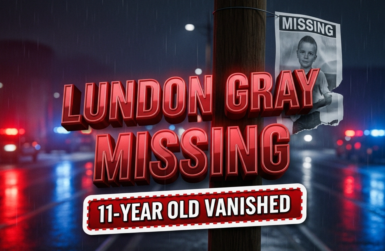 A viral, hyper-realistic YouTube thumbnail with a tense, urgent crime-alert atmosphere. The background is a dark rainy Fort Wayne street at night with red and blue police light reflections glistening on wet pavement and blurred emergency vehicles in the distance. The composition uses a dramatic low-angle shot to focus on the main subject: a torn missing person poster of a child fluttering on a telephone pole in the wind. The image features massive 3D typography with strict hierarchy: The Primary Text reads exactly: 'LUNDON GRAY MISSING'. This text is massive, the largest element in the frame, rendered in glowing crimson red chrome with emergency light reflections to look like a high-budget 3D render. The Secondary Text reads exactly: '11-YEAR-OLD VANISHED'. This text is significantly smaller, positioned below the main text with a thick white border and pulsing red outline sticker style to contrast against the dark background. The text materials correspond to the story's concept. Crucial Instruction: There is absolutely NO other text, numbers, watermarks, or subtitles in this image other than these two specific lines. 8k, Unreal Engine 5, cinematic render