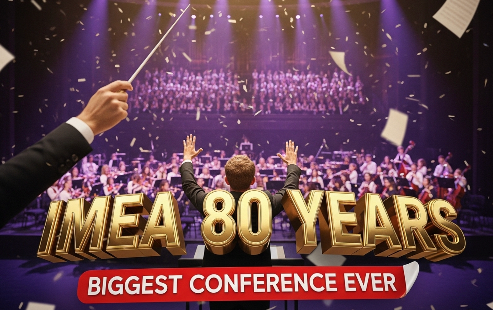 A viral, hyper-realistic YouTube thumbnail with a cinematic concert hall atmosphere. The background is the packed Grand Wayne Convention Center stage filled with hundreds of young musicians performing under dramatic purple and gold spotlights with subtle confetti falling. The composition uses a dramatic low-angle shot to focus on the main subject: a gleaming conductor's baton raised triumphantly in the foreground with sheet music pages flying around it. The image features massive 3D typography with strict hierarchy: The Primary Text reads exactly: 'IMEA 80 YEARS'. This text is massive, the largest element in the frame, rendered in polished gold chrome with glowing edges to look like a high-budget 3D render. The Secondary Text reads exactly: 'BIGGEST CONFERENCE EVER'. This text is significantly smaller, positioned below the main text with a bold red sticker-style outline and slight shadow effect. The text materials correspond to the story's concept. Crucial Instruction: There is absolutely NO other text, numbers, watermarks, or subtitles in this image other than these two specific lines. 8k, Unreal Engine 5, cinematic render