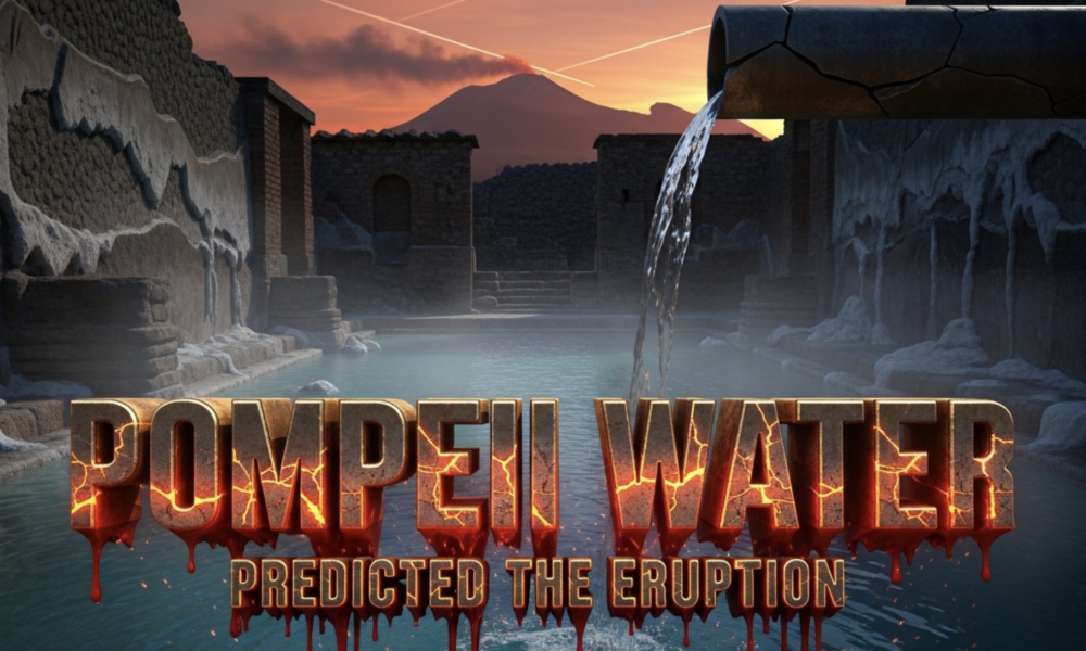 A viral, hyper-realistic YouTube thumbnail with a dramatic ancient-Roman ruin atmosphere. The background is the shadowed interior of Pompeii's Republican Baths filled with steaming turquoise water and thick white limescale crusts on stone walls, while distant Mount Vesuvius looms under a blood-red sunset sky with faint smoke trails. The composition uses a low-angle cinematic shot to focus on the main subject: a massive cracked Roman lead pipe dripping mineral-heavy water into an ancient bath pool. The image features massive 3D typography with strict hierarchy: The Primary Text reads exactly: 'Pompeii Water'. This text is massive, the largest element in the frame, rendered in weathered bronze with glowing orange magma cracks running through the letters. The Secondary Text reads exactly: 'Predicted The Eruption'. This text is significantly smaller, positioned below the main text with a thick crimson blood-drip border and subtle ash particles falling across it. The text materials correspond to the story's concept. Crucial Instruction: There is absolutely NO other text, numbers, watermarks, or subtitles in this image other than these two specific lines. 8k, Unreal Engine 5, cinematic render