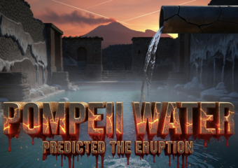 A viral, hyper-realistic YouTube thumbnail with a dramatic ancient-Roman ruin atmosphere. The background is the shadowed interior of Pompeii's Republican Baths filled with steaming turquoise water and thick white limescale crusts on stone walls, while distant Mount Vesuvius looms under a blood-red sunset sky with faint smoke trails. The composition uses a low-angle cinematic shot to focus on the main subject: a massive cracked Roman lead pipe dripping mineral-heavy water into an ancient bath pool. The image features massive 3D typography with strict hierarchy: The Primary Text reads exactly: 'Pompeii Water'. This text is massive, the largest element in the frame, rendered in weathered bronze with glowing orange magma cracks running through the letters. The Secondary Text reads exactly: 'Predicted The Eruption'. This text is significantly smaller, positioned below the main text with a thick crimson blood-drip border and subtle ash particles falling across it. The text materials correspond to the story's concept. Crucial Instruction: There is absolutely NO other text, numbers, watermarks, or subtitles in this image other than these two specific lines. 8k, Unreal Engine 5, cinematic render