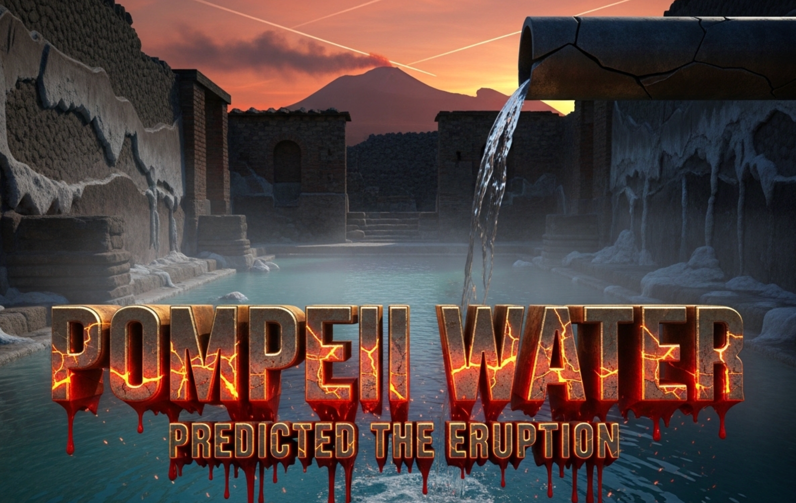 A viral, hyper-realistic YouTube thumbnail with a dramatic ancient-Roman ruin atmosphere. The background is the shadowed interior of Pompeii's Republican Baths filled with steaming turquoise water and thick white limescale crusts on stone walls, while distant Mount Vesuvius looms under a blood-red sunset sky with faint smoke trails. The composition uses a low-angle cinematic shot to focus on the main subject: a massive cracked Roman lead pipe dripping mineral-heavy water into an ancient bath pool. The image features massive 3D typography with strict hierarchy: The Primary Text reads exactly: 'Pompeii Water'. This text is massive, the largest element in the frame, rendered in weathered bronze with glowing orange magma cracks running through the letters. The Secondary Text reads exactly: 'Predicted The Eruption'. This text is significantly smaller, positioned below the main text with a thick crimson blood-drip border and subtle ash particles falling across it. The text materials correspond to the story's concept. Crucial Instruction: There is absolutely NO other text, numbers, watermarks, or subtitles in this image other than these two specific lines. 8k, Unreal Engine 5, cinematic render