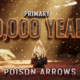A viral, hyper-realistic YouTube thumbnail with a dramatic archaeological atmosphere. The background is a dimly lit ancient rock shelter with golden dust particles floating in shafts of light breaking through cracks. The composition uses a low-angle macro shot to focus on the main subject: a sharply detailed prehistoric quartz arrowhead covered in dark dried poison residue, placed on reddish African soil with faint finger prints visible. The image features massive 3D typography with strict hierarchy: The Primary Text reads exactly: '60,000 YEARS'. This text is massive, rendered in weathered bronze metal with glowing ember edges like ancient fire. The Secondary Text reads exactly: 'POISON ARROWS'. This text is smaller, positioned below with thick blood-red outline and dripping effect. 8k, Unreal Engine 5, cinematic rende