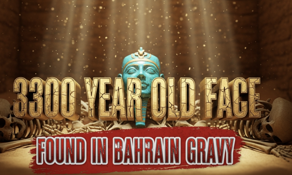 A viral, hyper-realistic YouTube thumbnail with a mysterious ancient desert atmosphere. The background is a dimly lit 3,300-year-old stone tomb in Bahrain filled with golden sand grains floating in rays of light piercing from above. The composition uses a dramatic low-angle shot to focus on the main subject: a glowing turquoise faience mask with detailed human face resting between ancient skeletons. The image features massive 3D typography with strict hierarchy: The Primary Text reads exactly: '3300 YEAR OLD FACE'. This text is massive, rendered in cracked ancient gold with sand particles embedded. The Secondary Text reads exactly: 'FOUND IN BAHRAIN GRAVE'. This text is significantly smaller, positioned below with thick black outline and blood-red fill in distressed sticker style. The text materials correspond to the story's concept. Crucial Instruction: There is absolutely NO other text, numbers, watermarks, or subtitles in this image other than these two specific lines. 8k, Unreal Engine 5, cinematic render