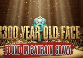 A viral, hyper-realistic YouTube thumbnail with a mysterious ancient desert atmosphere. The background is a dimly lit 3,300-year-old stone tomb in Bahrain filled with golden sand grains floating in rays of light piercing from above. The composition uses a dramatic low-angle shot to focus on the main subject: a glowing turquoise faience mask with detailed human face resting between ancient skeletons. The image features massive 3D typography with strict hierarchy: The Primary Text reads exactly: '3300 YEAR OLD FACE'. This text is massive, rendered in cracked ancient gold with sand particles embedded. The Secondary Text reads exactly: 'FOUND IN BAHRAIN GRAVE'. This text is significantly smaller, positioned below with thick black outline and blood-red fill in distressed sticker style. The text materials correspond to the story's concept. Crucial Instruction: There is absolutely NO other text, numbers, watermarks, or subtitles in this image other than these two specific lines. 8k, Unreal Engine 5, cinematic render