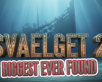 A viral, hyper-realistic YouTube thumbnail with a mysterious deep-sea archaeological atmosphere. The background is a dark, moody Øresund seabed with shafts of blue-green light cutting through murky water and fine sand swirling gently. The composition uses a dramatic low-angle shot looking up to focus on the main subject: a massive, ghostly medieval cog shipwreck emerging from the sand, timbers perfectly preserved after 600 years. The image features massive 3D typography with strict hierarchy: The Primary Text reads exactly: 'SVAELGET 2'. This text is massive, the largest element in the frame, rendered in ancient weathered bronze with glowing runes effect to look like a high-budget 3D render. The Secondary Text reads exactly: 'BIGGEST EVER FOUND'. This text is significantly smaller, positioned below the main text with a thick crimson blood-red outline in sticker style to contrast against the deep blue background. Make sure text 2 has completely different style and effect from text 1. Crucial Instruction: There is absolutely NO other text, numbers, watermarks, or subtitles in this image other than these two specific lines. 8k, Unreal Engine 5, cinematic render