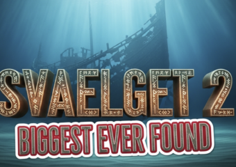 A viral, hyper-realistic YouTube thumbnail with a mysterious deep-sea archaeological atmosphere. The background is a dark, moody Øresund seabed with shafts of blue-green light cutting through murky water and fine sand swirling gently. The composition uses a dramatic low-angle shot looking up to focus on the main subject: a massive, ghostly medieval cog shipwreck emerging from the sand, timbers perfectly preserved after 600 years. The image features massive 3D typography with strict hierarchy: The Primary Text reads exactly: 'SVAELGET 2'. This text is massive, the largest element in the frame, rendered in ancient weathered bronze with glowing runes effect to look like a high-budget 3D render. The Secondary Text reads exactly: 'BIGGEST EVER FOUND'. This text is significantly smaller, positioned below the main text with a thick crimson blood-red outline in sticker style to contrast against the deep blue background. Make sure text 2 has completely different style and effect from text 1. Crucial Instruction: There is absolutely NO other text, numbers, watermarks, or subtitles in this image other than these two specific lines. 8k, Unreal Engine 5, cinematic render