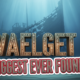 A viral, hyper-realistic YouTube thumbnail with a mysterious deep-sea archaeological atmosphere. The background is a dark, moody Øresund seabed with shafts of blue-green light cutting through murky water and fine sand swirling gently. The composition uses a dramatic low-angle shot looking up to focus on the main subject: a massive, ghostly medieval cog shipwreck emerging from the sand, timbers perfectly preserved after 600 years. The image features massive 3D typography with strict hierarchy: The Primary Text reads exactly: 'SVAELGET 2'. This text is massive, the largest element in the frame, rendered in ancient weathered bronze with glowing runes effect to look like a high-budget 3D render. The Secondary Text reads exactly: 'BIGGEST EVER FOUND'. This text is significantly smaller, positioned below the main text with a thick crimson blood-red outline in sticker style to contrast against the deep blue background. Make sure text 2 has completely different style and effect from text 1. Crucial Instruction: There is absolutely NO other text, numbers, watermarks, or subtitles in this image other than these two specific lines. 8k, Unreal Engine 5, cinematic render