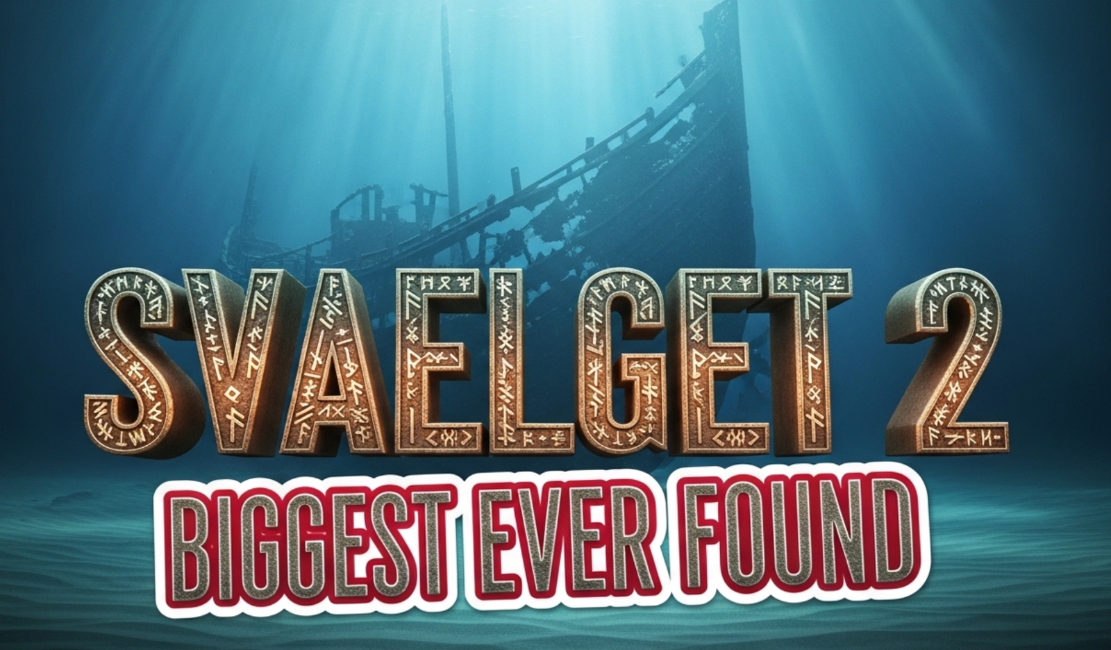 A viral, hyper-realistic YouTube thumbnail with a mysterious deep-sea archaeological atmosphere. The background is a dark, moody Øresund seabed with shafts of blue-green light cutting through murky water and fine sand swirling gently. The composition uses a dramatic low-angle shot looking up to focus on the main subject: a massive, ghostly medieval cog shipwreck emerging from the sand, timbers perfectly preserved after 600 years. The image features massive 3D typography with strict hierarchy: The Primary Text reads exactly: 'SVAELGET 2'. This text is massive, the largest element in the frame, rendered in ancient weathered bronze with glowing runes effect to look like a high-budget 3D render. The Secondary Text reads exactly: 'BIGGEST EVER FOUND'. This text is significantly smaller, positioned below the main text with a thick crimson blood-red outline in sticker style to contrast against the deep blue background. Make sure text 2 has completely different style and effect from text 1. Crucial Instruction: There is absolutely NO other text, numbers, watermarks, or subtitles in this image other than these two specific lines. 8k, Unreal Engine 5, cinematic render
