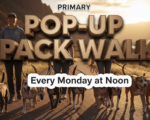A viral, hyper-realistic YouTube thumbnail with a warm, golden-hour outdoor community atmosphere. The background is a scenic Western Colorado park with red rock mesas glowing in sunset light and the Colorado River visible in the distance with dramatic rim lighting. The composition uses a wide, slightly low angle to focus on the main subject: a joyful pack of 8 leashed shelter dogs of various breeds walking together on a paved trail, volunteers' legs and hands visible holding leashes but no faces shown. The image features massive 3D typography with strict hierarchy: The Primary Text reads exactly: 'POP-UP PACK WALK'. This text is massive, the largest element in the frame, rendered in brushed bronze gold metal with subtle sunlight reflections to look like a high-budget 3D render. The Secondary Text reads exactly: 'Every Monday at Noon'. This text is significantly smaller, positioned below the main text with a thick white sticker-style border and slight drop shadow to pop against the warm background. The text materials correspond to the story's concept. Crucial Instruction: There is absolutely NO other text, numbers, watermarks, or subtitles in this image other than these two specific lines. 8k, Unreal Engine 5, cinematic render