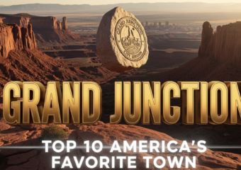 A viral, hyper-realistic YouTube thumbnail with a warm Western American adventure atmosphere. The background is a dramatic Colorado National Monument canyon at golden hour with deep red rock formations and the Grand Junction skyline faintly visible in the valley below. The composition uses a low-angle heroic shot to focus on the main subject: a massive polished granite stone engraved with the city seal floating above the canyon rim. The image features massive 3D typography with strict hierarchy: The Primary Text reads exactly: 'GRAND JUNCTION'. This text is massive, the largest element in the frame, rendered in molten sunset gold chrome to look like a high-budget 3D render. The Secondary Text reads exactly: 'TOP 10 AMERICA'S FAVORITE TOWN'. This text is significantly smaller, positioned below the main text with a thick white glow border and subtle lens flare effect. Make sure text 2 has completely different style and border compared to text 1. The text materials correspond to the story's concept. Crucial Instruction: There is absolutely NO other text, numbers, watermarks, or subtitles in this image other than these two specific lines. 8k, Unreal Engine 5, cinematic render