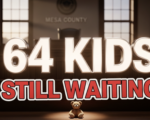 A viral, hyper-realistic YouTube thumbnail with a dramatic, heartfelt atmosphere. The background is a dimly lit Mesa County courtroom with soft Colorado sunset light streaming through windows. The composition uses a low, child's-eye camera angle looking up toward the empty witness chair. The main subject: a single empty child's teddy bear sitting alone on the wooden courtroom bench, gently spotlit. The image features massive 3D typography with strict hierarchy: The Primary Text reads exactly: '64 KIDS'. This text is massive, rendered in glowing white chrome with soft inner light like hope. The Secondary Text reads exactly: 'STILL WAITING'. This text is smaller, positioned below in bold red with thick black outline sticker style. The text materials correspond to the story's concept. Crucial Instruction: There is absolutely NO other text, numbers, watermarks, or subtitles in this image other than these two specific lines. 8k, Unreal Engine 5, cinematic render