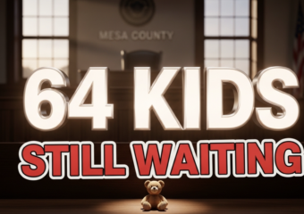 A viral, hyper-realistic YouTube thumbnail with a dramatic, heartfelt atmosphere. The background is a dimly lit Mesa County courtroom with soft Colorado sunset light streaming through windows. The composition uses a low, child's-eye camera angle looking up toward the empty witness chair. The main subject: a single empty child's teddy bear sitting alone on the wooden courtroom bench, gently spotlit. The image features massive 3D typography with strict hierarchy: The Primary Text reads exactly: '64 KIDS'. This text is massive, rendered in glowing white chrome with soft inner light like hope. The Secondary Text reads exactly: 'STILL WAITING'. This text is smaller, positioned below in bold red with thick black outline sticker style. The text materials correspond to the story's concept. Crucial Instruction: There is absolutely NO other text, numbers, watermarks, or subtitles in this image other than these two specific lines. 8k, Unreal Engine 5, cinematic render