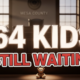 A viral, hyper-realistic YouTube thumbnail with a dramatic, heartfelt atmosphere. The background is a dimly lit Mesa County courtroom with soft Colorado sunset light streaming through windows. The composition uses a low, child's-eye camera angle looking up toward the empty witness chair. The main subject: a single empty child's teddy bear sitting alone on the wooden courtroom bench, gently spotlit. The image features massive 3D typography with strict hierarchy: The Primary Text reads exactly: '64 KIDS'. This text is massive, rendered in glowing white chrome with soft inner light like hope. The Secondary Text reads exactly: 'STILL WAITING'. This text is smaller, positioned below in bold red with thick black outline sticker style. The text materials correspond to the story's concept. Crucial Instruction: There is absolutely NO other text, numbers, watermarks, or subtitles in this image other than these two specific lines. 8k, Unreal Engine 5, cinematic render