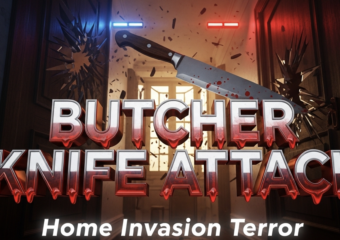 A viral, hyper-realistic YouTube thumbnail with a dark, tense crime atmosphere. The background is a luxury apartment hallway with one door violently kicked in, splintered wood flying, late afternoon golden light streaming through windows mixed with red and blue police light flashes. The composition uses a dramatic low-angle shot looking up the hallway to focus on the main subject: a large, gleaming butcher knife stuck in a shattered wooden door frame. The image features massive 3D typography with strict hierarchy: The Primary Text reads exactly: 'BUTCHER KNIFE ATTACK'. This text is massive, the largest element in the frame, rendered in dripping blood-red chrome with sharp metallic edges like a high-budget horror render. The Secondary Text reads exactly: 'Home Invasion Terror'. This text is significantly smaller, positioned below the main text with a thick white glow outline and subtle motion blur to contrast against the dark scene. The text materials correspond to the story's concept. Crucial Instruction: There is absolutely NO other text, numbers, watermarks, or subtitles in this image other than these two specific lines. 8k, Unreal Engine 5, cinematic render