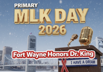 A viral, hyper-realistic YouTube thumbnail with a powerful, hopeful civil rights atmosphere. The background is a crisp winter morning over downtown Fort Wayne with the Martin Luther King Jr. Bridge prominently visible and gentle snow falling. The composition uses a dramatic low-angle shot to focus on the main subject: a large, polished bronze microphone standing on a wooden podium with an "I Have a Dream" ribbon banner draped across it. The image features massive 3D typography with strict hierarchy: The Primary Text reads exactly: 'MLK DAY 2026'. This text is massive, the largest element in the frame, rendered in gleaming gold chrome with subtle glowing edges to look like a high-budget 3D render. The Secondary Text reads exactly: 'Fort Wayne Honors Dr. King'. This text is significantly smaller, positioned below the main text with a thick white outline and red sticker-style border to pop against the cool blue sky. The text materials correspond to the story's concept. Crucial Instruction: There is absolutely NO other text, numbers, watermarks, or subtitles in this image other than these two specific lines. 8k, Unreal Engine 5, cinematic render