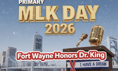 A viral, hyper-realistic YouTube thumbnail with a powerful, hopeful civil rights atmosphere. The background is a crisp winter morning over downtown Fort Wayne with the Martin Luther King Jr. Bridge prominently visible and gentle snow falling. The composition uses a dramatic low-angle shot to focus on the main subject: a large, polished bronze microphone standing on a wooden podium with an "I Have a Dream" ribbon banner draped across it. The image features massive 3D typography with strict hierarchy: The Primary Text reads exactly: 'MLK DAY 2026'. This text is massive, the largest element in the frame, rendered in gleaming gold chrome with subtle glowing edges to look like a high-budget 3D render. The Secondary Text reads exactly: 'Fort Wayne Honors Dr. King'. This text is significantly smaller, positioned below the main text with a thick white outline and red sticker-style border to pop against the cool blue sky. The text materials correspond to the story's concept. Crucial Instruction: There is absolutely NO other text, numbers, watermarks, or subtitles in this image other than these two specific lines. 8k, Unreal Engine 5, cinematic render