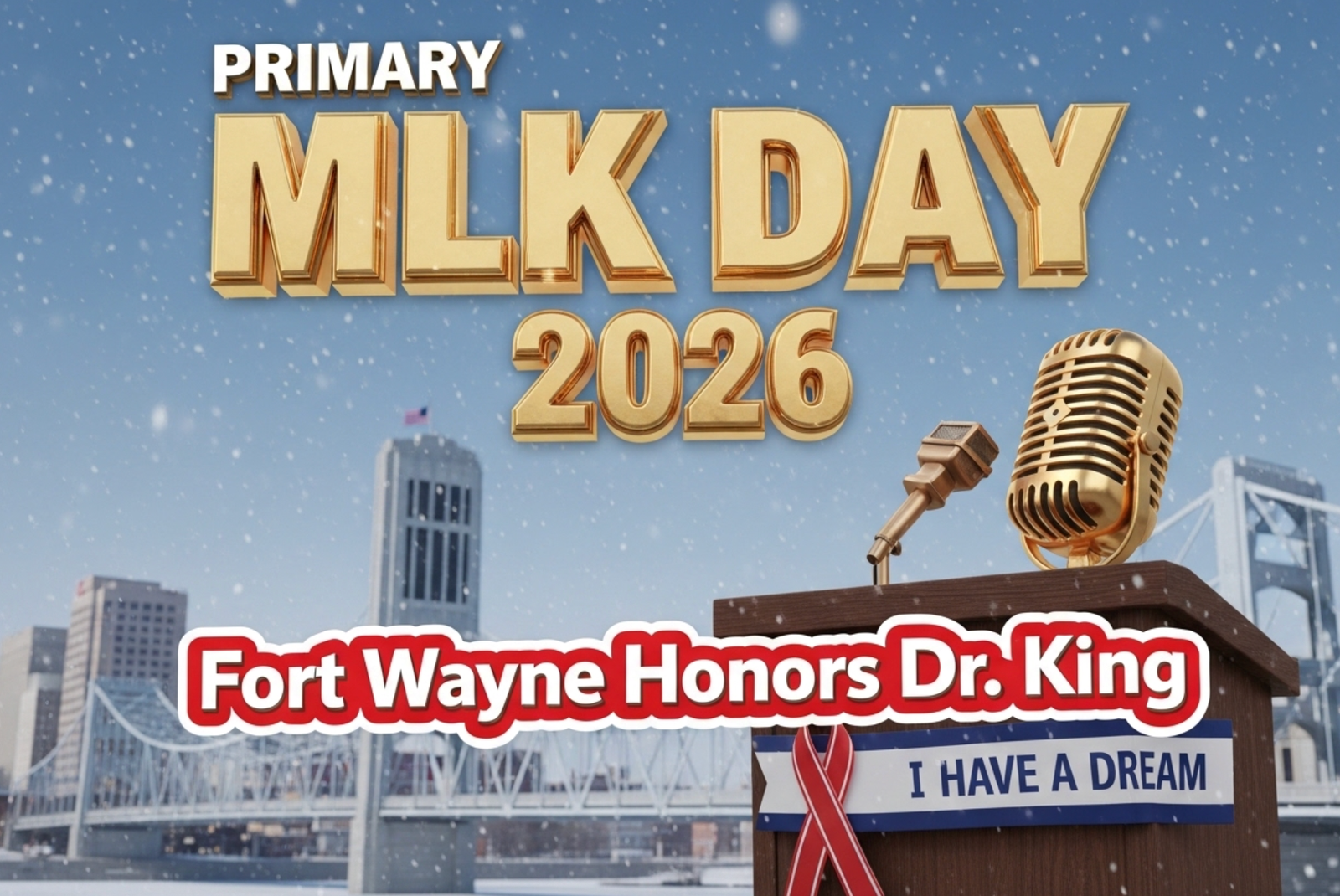 A viral, hyper-realistic YouTube thumbnail with a powerful, hopeful civil rights atmosphere. The background is a crisp winter morning over downtown Fort Wayne with the Martin Luther King Jr. Bridge prominently visible and gentle snow falling. The composition uses a dramatic low-angle shot to focus on the main subject: a large, polished bronze microphone standing on a wooden podium with an "I Have a Dream" ribbon banner draped across it. The image features massive 3D typography with strict hierarchy: The Primary Text reads exactly: 'MLK DAY 2026'. This text is massive, the largest element in the frame, rendered in gleaming gold chrome with subtle glowing edges to look like a high-budget 3D render. The Secondary Text reads exactly: 'Fort Wayne Honors Dr. King'. This text is significantly smaller, positioned below the main text with a thick white outline and red sticker-style border to pop against the cool blue sky. The text materials correspond to the story's concept. Crucial Instruction: There is absolutely NO other text, numbers, watermarks, or subtitles in this image other than these two specific lines. 8k, Unreal Engine 5, cinematic render