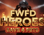 A viral, hyper-realistic YouTube thumbnail with a dramatic cinematic fire atmosphere. The background is a smoke-filled nighttime residential street on Fort Wayne's northeast side with swirling orange flames and emergency lights cutting through thick smoke. The composition uses a low-angle heroic shot to focus on the main subject: a gleaming fire helmet held high with a rescued dog silhouette visible in the reflection. The image features massive 3D typography with strict hierarchy: The Primary Text reads exactly: 'FWFD HEROES'. This text is massive, the largest element in the frame, rendered in molten gold chrome with glowing ember edges to look like a high-budget 3D render. The Secondary Text reads exactly: 'SAVE 4 PETS'. This text is significantly smaller, positioned below the main text. It features a thick, bright red border/outline (sticker style) with subtle flame flicker effect to contrast against the background. Make sure text 2 is always different theme, style, effect and border compared to text 1. The text materials correspond to the story's concept. Crucial Instruction: There is absolutely NO other text, numbers, watermarks, or subtitles in this image other than these two specific lines. 8k, Unreal Engine 5, cinematic render