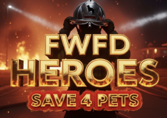 A viral, hyper-realistic YouTube thumbnail with a dramatic cinematic fire atmosphere. The background is a smoke-filled nighttime residential street on Fort Wayne's northeast side with swirling orange flames and emergency lights cutting through thick smoke. The composition uses a low-angle heroic shot to focus on the main subject: a gleaming fire helmet held high with a rescued dog silhouette visible in the reflection. The image features massive 3D typography with strict hierarchy: The Primary Text reads exactly: 'FWFD HEROES'. This text is massive, the largest element in the frame, rendered in molten gold chrome with glowing ember edges to look like a high-budget 3D render. The Secondary Text reads exactly: 'SAVE 4 PETS'. This text is significantly smaller, positioned below the main text. It features a thick, bright red border/outline (sticker style) with subtle flame flicker effect to contrast against the background. Make sure text 2 is always different theme, style, effect and border compared to text 1. The text materials correspond to the story's concept. Crucial Instruction: There is absolutely NO other text, numbers, watermarks, or subtitles in this image other than these two specific lines. 8k, Unreal Engine 5, cinematic render