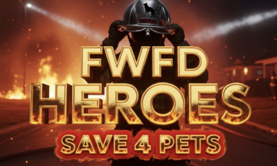 A viral, hyper-realistic YouTube thumbnail with a dramatic cinematic fire atmosphere. The background is a smoke-filled nighttime residential street on Fort Wayne's northeast side with swirling orange flames and emergency lights cutting through thick smoke. The composition uses a low-angle heroic shot to focus on the main subject: a gleaming fire helmet held high with a rescued dog silhouette visible in the reflection. The image features massive 3D typography with strict hierarchy: The Primary Text reads exactly: 'FWFD HEROES'. This text is massive, the largest element in the frame, rendered in molten gold chrome with glowing ember edges to look like a high-budget 3D render. The Secondary Text reads exactly: 'SAVE 4 PETS'. This text is significantly smaller, positioned below the main text. It features a thick, bright red border/outline (sticker style) with subtle flame flicker effect to contrast against the background. Make sure text 2 is always different theme, style, effect and border compared to text 1. The text materials correspond to the story's concept. Crucial Instruction: There is absolutely NO other text, numbers, watermarks, or subtitles in this image other than these two specific lines. 8k, Unreal Engine 5, cinematic render