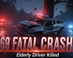 A viral, hyper-realistic YouTube thumbnail with a dramatic night-time highway atmosphere. The background is a dark, rain-slicked I-69 with emergency lights flashing red and blue across twisted metal and a shattered pickup truck wrapped around a massive tree. The composition uses a low-angle dramatic shot to focus on the main subject: a mangled silver pickup truck crushed against the tree trunk. The image features massive 3D typography with strict hierarchy: The Primary Text reads exactly: 'I-69 FATAL CRASH'. This text is massive, the largest element in the frame, rendered in glowing crimson chrome with realistic reflections and debris particles. The Secondary Text reads exactly: 'Elderly Driver Killed'. This text is significantly smaller, positioned below the main text with a thick white outline and subtle red glow border to stand out against the dark scene. 8k, Unreal Engine 5, cinematic render.