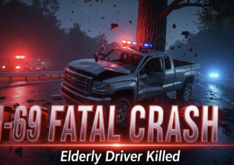A viral, hyper-realistic YouTube thumbnail with a dramatic night-time highway atmosphere. The background is a dark, rain-slicked I-69 with emergency lights flashing red and blue across twisted metal and a shattered pickup truck wrapped around a massive tree. The composition uses a low-angle dramatic shot to focus on the main subject: a mangled silver pickup truck crushed against the tree trunk. The image features massive 3D typography with strict hierarchy: The Primary Text reads exactly: 'I-69 FATAL CRASH'. This text is massive, the largest element in the frame, rendered in glowing crimson chrome with realistic reflections and debris particles. The Secondary Text reads exactly: 'Elderly Driver Killed'. This text is significantly smaller, positioned below the main text with a thick white outline and subtle red glow border to stand out against the dark scene. 8k, Unreal Engine 5, cinematic render.