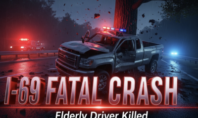 A viral, hyper-realistic YouTube thumbnail with a dramatic night-time highway atmosphere. The background is a dark, rain-slicked I-69 with emergency lights flashing red and blue across twisted metal and a shattered pickup truck wrapped around a massive tree. The composition uses a low-angle dramatic shot to focus on the main subject: a mangled silver pickup truck crushed against the tree trunk. The image features massive 3D typography with strict hierarchy: The Primary Text reads exactly: 'I-69 FATAL CRASH'. This text is massive, the largest element in the frame, rendered in glowing crimson chrome with realistic reflections and debris particles. The Secondary Text reads exactly: 'Elderly Driver Killed'. This text is significantly smaller, positioned below the main text with a thick white outline and subtle red glow border to stand out against the dark scene. 8k, Unreal Engine 5, cinematic render.