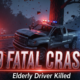 A viral, hyper-realistic YouTube thumbnail with a dramatic night-time highway atmosphere. The background is a dark, rain-slicked I-69 with emergency lights flashing red and blue across twisted metal and a shattered pickup truck wrapped around a massive tree. The composition uses a low-angle dramatic shot to focus on the main subject: a mangled silver pickup truck crushed against the tree trunk. The image features massive 3D typography with strict hierarchy: The Primary Text reads exactly: 'I-69 FATAL CRASH'. This text is massive, the largest element in the frame, rendered in glowing crimson chrome with realistic reflections and debris particles. The Secondary Text reads exactly: 'Elderly Driver Killed'. This text is significantly smaller, positioned below the main text with a thick white outline and subtle red glow border to stand out against the dark scene. 8k, Unreal Engine 5, cinematic render.