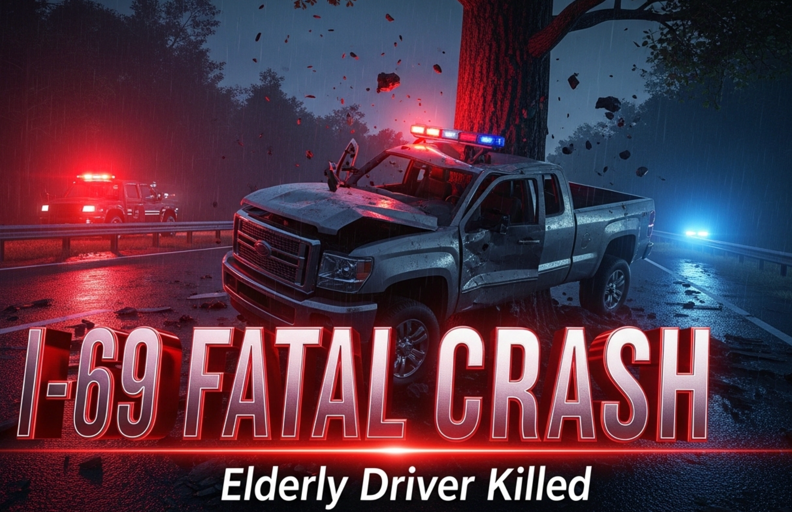 A viral, hyper-realistic YouTube thumbnail with a dramatic night-time highway atmosphere. The background is a dark, rain-slicked I-69 with emergency lights flashing red and blue across twisted metal and a shattered pickup truck wrapped around a massive tree. The composition uses a low-angle dramatic shot to focus on the main subject: a mangled silver pickup truck crushed against the tree trunk. The image features massive 3D typography with strict hierarchy: The Primary Text reads exactly: 'I-69 FATAL CRASH'. This text is massive, the largest element in the frame, rendered in glowing crimson chrome with realistic reflections and debris particles. The Secondary Text reads exactly: 'Elderly Driver Killed'. This text is significantly smaller, positioned below the main text with a thick white outline and subtle red glow border to stand out against the dark scene. 8k, Unreal Engine 5, cinematic render.