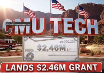 A viral, hyper-realistic YouTube thumbnail with a triumphant Western American atmosphere. The background is a sun-lit Grand Junction campus with red rock mountains behind, American flags waving, welding sparks flying, and a fire truck parked proudly. The composition uses a dramatic low-angle shot to focus on the main subject: a massive gleaming chrome check shaped like a diploma marked "$2.46M". The image features massive 3D typography with strict hierarchy: The Primary Text reads exactly: "CMU TECH". This text is massive, the largest element in the frame, rendered in polished chrome with red glow edges to look like a high-budget 3D render. The Secondary Text reads exactly: "LANDS $2.46M GRANT". This text is significantly smaller, positioned below the main text. It features a thick white border with red outline sticker style to contrast against the background. Make sure text 2 is always different theme, style, effect and border compared to text 1. The text materials correspond to the story's concept. Crucial Instruction: There is absolutely NO other text, numbers, watermarks, or subtitles in this image other than these two specific lines. 8k, Unreal Engine 5, cinematic render.