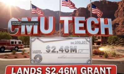 A viral, hyper-realistic YouTube thumbnail with a triumphant Western American atmosphere. The background is a sun-lit Grand Junction campus with red rock mountains behind, American flags waving, welding sparks flying, and a fire truck parked proudly. The composition uses a dramatic low-angle shot to focus on the main subject: a massive gleaming chrome check shaped like a diploma marked "$2.46M". The image features massive 3D typography with strict hierarchy: The Primary Text reads exactly: "CMU TECH". This text is massive, the largest element in the frame, rendered in polished chrome with red glow edges to look like a high-budget 3D render. The Secondary Text reads exactly: "LANDS $2.46M GRANT". This text is significantly smaller, positioned below the main text. It features a thick white border with red outline sticker style to contrast against the background. Make sure text 2 is always different theme, style, effect and border compared to text 1. The text materials correspond to the story's concept. Crucial Instruction: There is absolutely NO other text, numbers, watermarks, or subtitles in this image other than these two specific lines. 8k, Unreal Engine 5, cinematic render.
