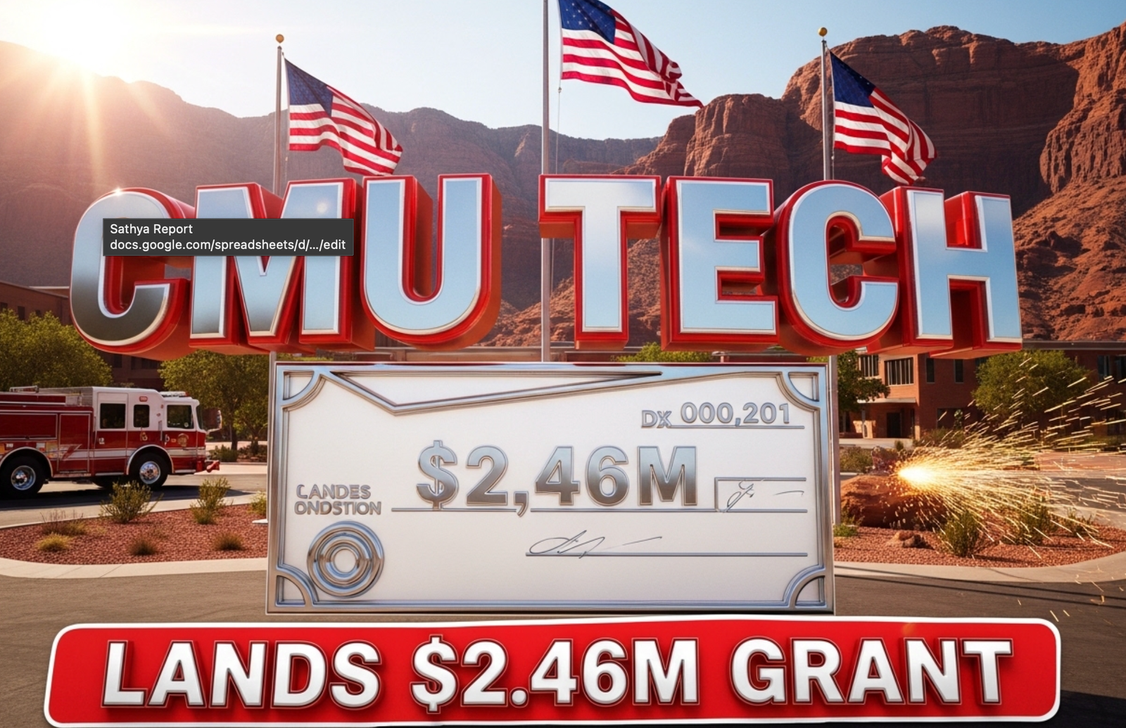 A viral, hyper-realistic YouTube thumbnail with a triumphant Western American atmosphere. The background is a sun-lit Grand Junction campus with red rock mountains behind, American flags waving, welding sparks flying, and a fire truck parked proudly. The composition uses a dramatic low-angle shot to focus on the main subject: a massive gleaming chrome check shaped like a diploma marked "$2.46M". The image features massive 3D typography with strict hierarchy: The Primary Text reads exactly: "CMU TECH". This text is massive, the largest element in the frame, rendered in polished chrome with red glow edges to look like a high-budget 3D render. The Secondary Text reads exactly: "LANDS $2.46M GRANT". This text is significantly smaller, positioned below the main text. It features a thick white border with red outline sticker style to contrast against the background. Make sure text 2 is always different theme, style, effect and border compared to text 1. The text materials correspond to the story's concept. Crucial Instruction: There is absolutely NO other text, numbers, watermarks, or subtitles in this image other than these two specific lines. 8k, Unreal Engine 5, cinematic render.