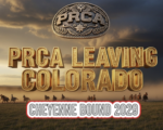 A viral, hyper-realistic YouTube thumbnail with a dramatic Western atmosphere. The background is a sweeping Wyoming prairie at golden hour with massive storm clouds rolling in and dust kicking up from stampeding horses. The composition uses a dramatic low-angle shot to focus on the main subject: a massive, weathered bronze PRCA buckle floating in the sky like a setting sun. The image features massive 3D typography with strict hierarchy: The Primary Text reads exactly: 'PRCA LEAVING COLORADO'. This text is massive, the largest element in the frame, rendered in molten gold with glowing edges to look like a high-budget 3D render. The Secondary Text reads exactly: 'CHEYENNE BOUND 2029'. This text is significantly smaller, positioned below the main text. It features a thick white border with red outline sticker style to contrast against the dramatic sky. Make sure text 2 is always different theme, style, effect and border compared to text 1. The text materials correspond to the story's concept. Crucial Instruction: There is absolutely NO other text, numbers, watermarks, or subtitles in this image other than these two specific lines. 8k, Unreal Engine 5, cinematic render.