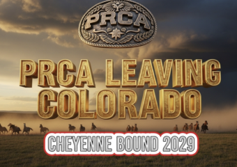 A viral, hyper-realistic YouTube thumbnail with a dramatic Western atmosphere. The background is a sweeping Wyoming prairie at golden hour with massive storm clouds rolling in and dust kicking up from stampeding horses. The composition uses a dramatic low-angle shot to focus on the main subject: a massive, weathered bronze PRCA buckle floating in the sky like a setting sun. The image features massive 3D typography with strict hierarchy: The Primary Text reads exactly: 'PRCA LEAVING COLORADO'. This text is massive, the largest element in the frame, rendered in molten gold with glowing edges to look like a high-budget 3D render. The Secondary Text reads exactly: 'CHEYENNE BOUND 2029'. This text is significantly smaller, positioned below the main text. It features a thick white border with red outline sticker style to contrast against the dramatic sky. Make sure text 2 is always different theme, style, effect and border compared to text 1. The text materials correspond to the story's concept. Crucial Instruction: There is absolutely NO other text, numbers, watermarks, or subtitles in this image other than these two specific lines. 8k, Unreal Engine 5, cinematic render.