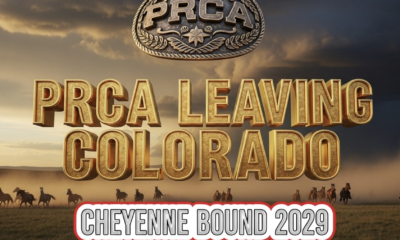 A viral, hyper-realistic YouTube thumbnail with a dramatic Western atmosphere. The background is a sweeping Wyoming prairie at golden hour with massive storm clouds rolling in and dust kicking up from stampeding horses. The composition uses a dramatic low-angle shot to focus on the main subject: a massive, weathered bronze PRCA buckle floating in the sky like a setting sun. The image features massive 3D typography with strict hierarchy: The Primary Text reads exactly: 'PRCA LEAVING COLORADO'. This text is massive, the largest element in the frame, rendered in molten gold with glowing edges to look like a high-budget 3D render. The Secondary Text reads exactly: 'CHEYENNE BOUND 2029'. This text is significantly smaller, positioned below the main text. It features a thick white border with red outline sticker style to contrast against the dramatic sky. Make sure text 2 is always different theme, style, effect and border compared to text 1. The text materials correspond to the story's concept. Crucial Instruction: There is absolutely NO other text, numbers, watermarks, or subtitles in this image other than these two specific lines. 8k, Unreal Engine 5, cinematic render.
