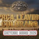 A viral, hyper-realistic YouTube thumbnail with a dramatic Western atmosphere. The background is a sweeping Wyoming prairie at golden hour with massive storm clouds rolling in and dust kicking up from stampeding horses. The composition uses a dramatic low-angle shot to focus on the main subject: a massive, weathered bronze PRCA buckle floating in the sky like a setting sun. The image features massive 3D typography with strict hierarchy: The Primary Text reads exactly: 'PRCA LEAVING COLORADO'. This text is massive, the largest element in the frame, rendered in molten gold with glowing edges to look like a high-budget 3D render. The Secondary Text reads exactly: 'CHEYENNE BOUND 2029'. This text is significantly smaller, positioned below the main text. It features a thick white border with red outline sticker style to contrast against the dramatic sky. Make sure text 2 is always different theme, style, effect and border compared to text 1. The text materials correspond to the story's concept. Crucial Instruction: There is absolutely NO other text, numbers, watermarks, or subtitles in this image other than these two specific lines. 8k, Unreal Engine 5, cinematic render.